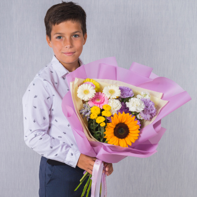 Букет в школу с подсолнухом "До свиданья, лето!" N 38164